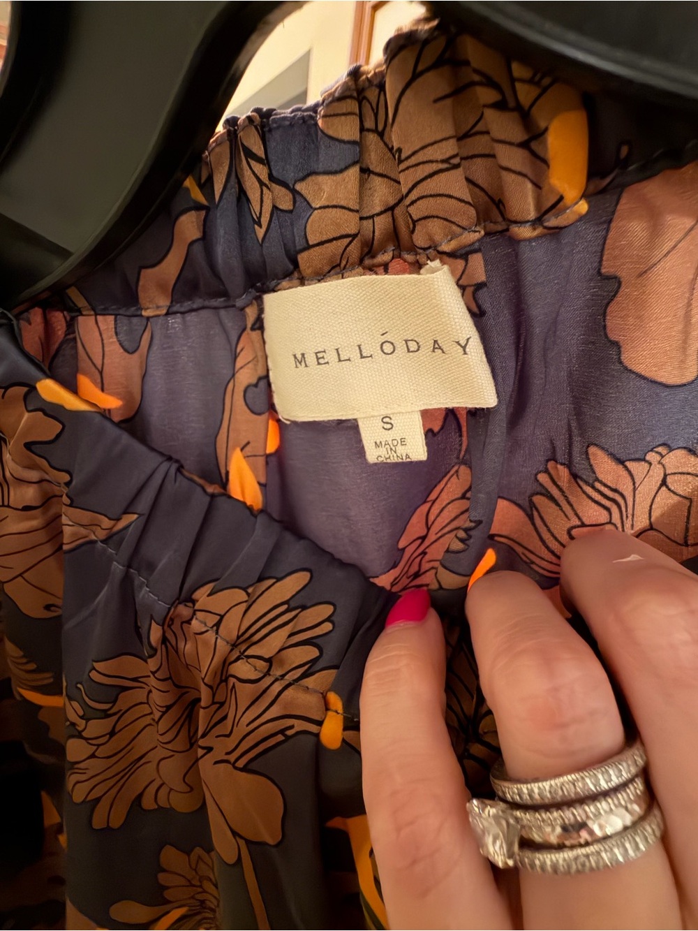 Melloday Women’s Small Navy Brown Floral Short Sleeve Blouse - Picture 6 of 6